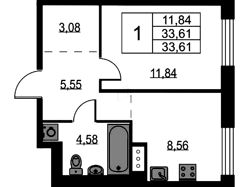 1-комнатная квартира 33.61 м², 9/9 эт., ЖК «Квартал Лаголово»